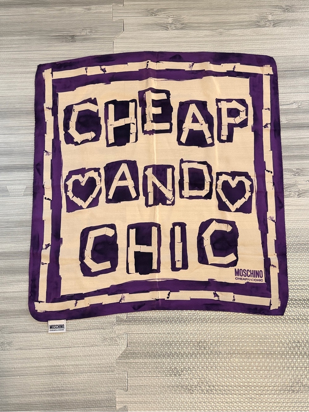 VTG Moschino Cheap and Chic 100% Silk Scarf Purple Logo Hearts Made in Italy